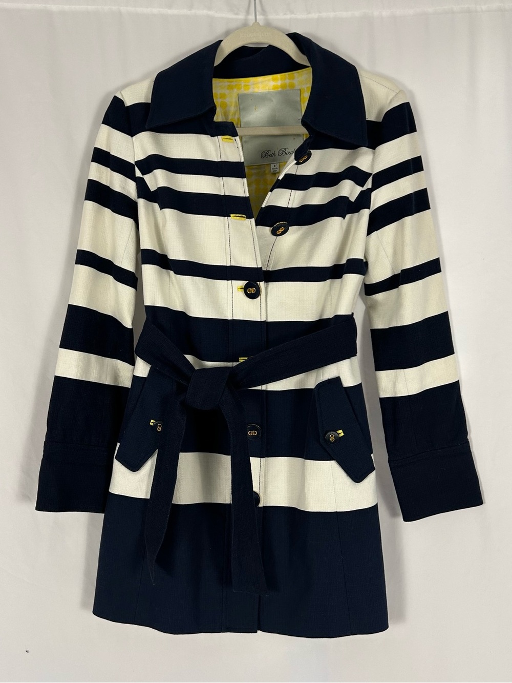 Beth Bowley Navy White Striped Belted Trench Coat Size 8 Nautical Cotton